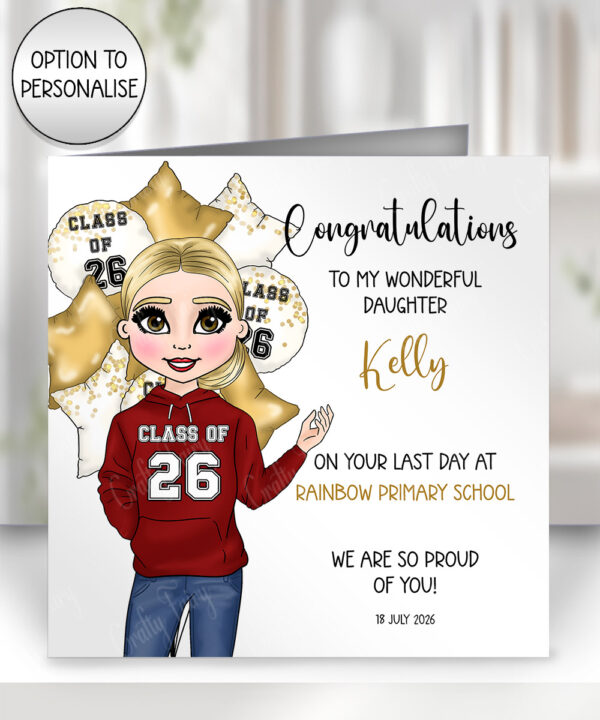 personalised class of 2026 gold balloons school leaver girl greetings card v2