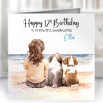 personalised family & dog seaside summer scene greetings card