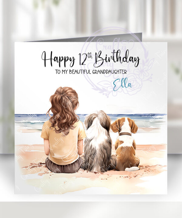 personalised family & dog seaside summer scene greetings card