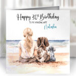 personalised family & dog seaside summer scene greetings card