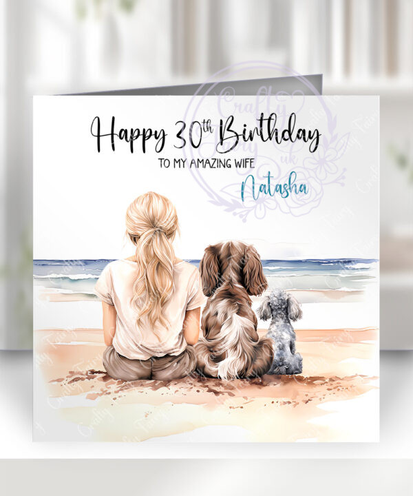 personalised family & dog seaside summer scene greetings card
