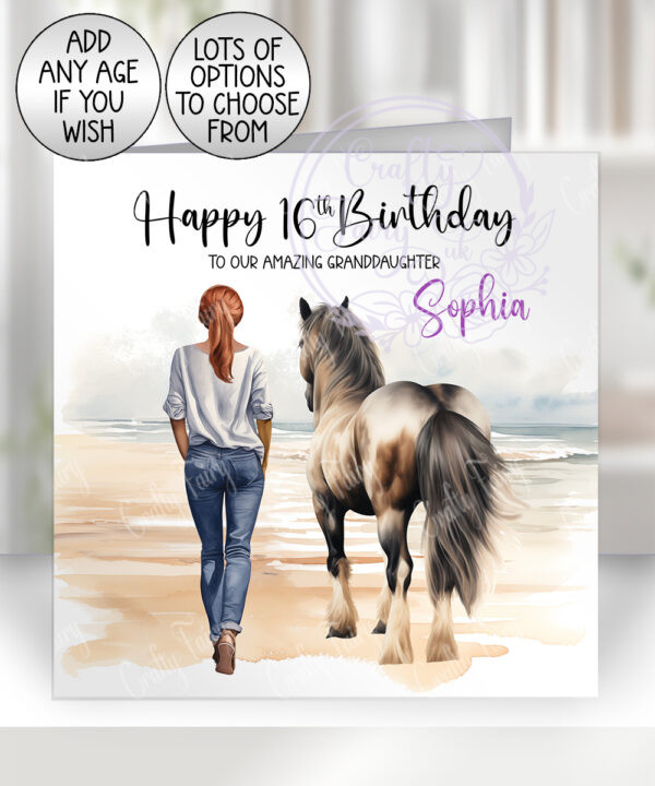 personalised horse rider equestrian beach scene greetings card