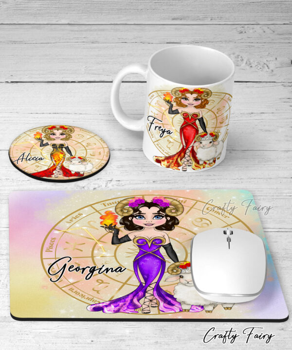 Zodiac Sign Aries Girl & Ram Personalised Mouse Mat, mug and coaster gifts