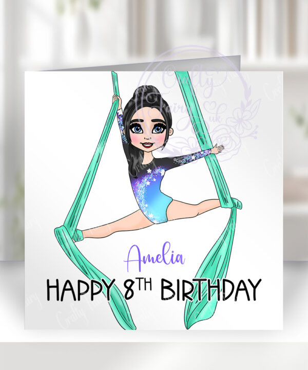 personalised aerial silks gymnastics girl birthday card