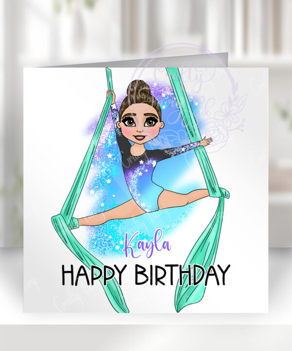 personalised aerial silks gymnastics girl birthday card