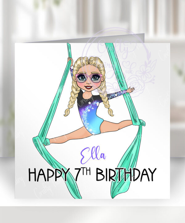 personalised aerial silks gymnastics girl birthday card
