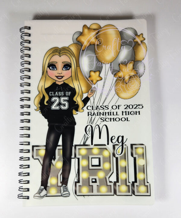 personalised class of 2025 gold balloons school leaver girl a5 notebook v4