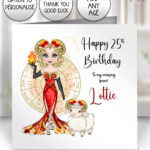 zodiac sign aries girl & ram personalised birthday card v2