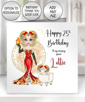 zodiac sign aries girl & ram personalised birthday card v2
