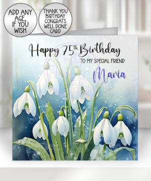 snowdrops winter flower birthday greetings card with personalised option
