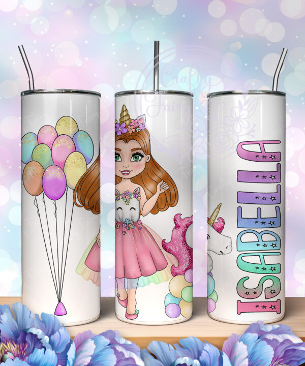 personalised unicorn girl & rainbow balloons 600ml 20oz straight tumbler