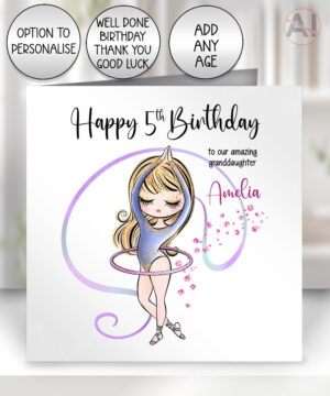 personalised whimsical hula hoop gymnast dancer girl birthday greetings card
