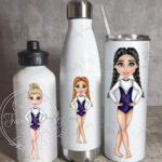 personalised gymnast girl in navy with braids straight water bottle