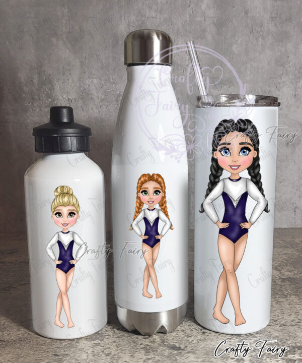 personalised gymnast girl in navy with braids straight water bottle