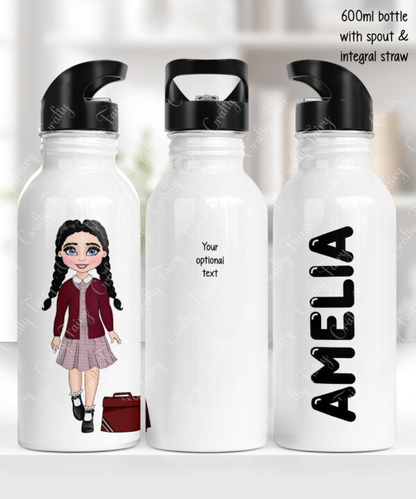 personalised school girl 600ml water bottle gingham dress design