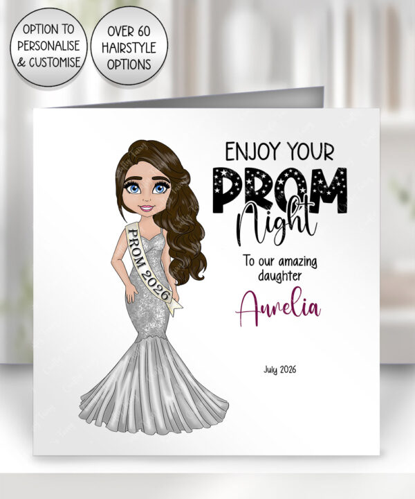 personalised school prom night card for daughter silver dress