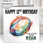 personalised rugby ball watercolour print birthday or congratulations card