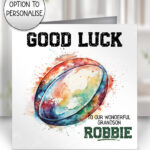 personalised rugby ball watercolour print birthday or congratulations card