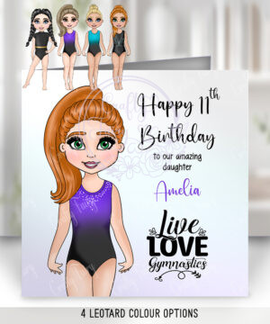 personalised gymnast dancer in black & purple ombre leotard birthday card