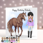Personalised Horse Rider Girl in Unicorn Hoodie Birthday Card