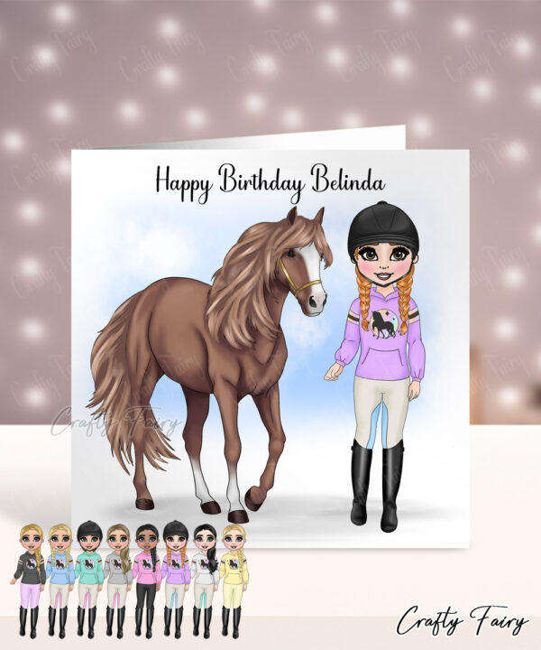 Personalised Horse Rider Girl in Unicorn Hoodie Birthday Card