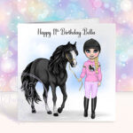 personalised horse rider girl in unicorn hoodie birthday card