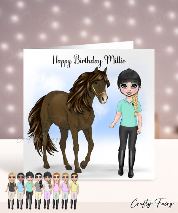Personalised Horse Rider Girl in Shortsleeve Tee Birthday Card