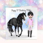 personalised horse rider girl in shortsleeve tee birthday card
