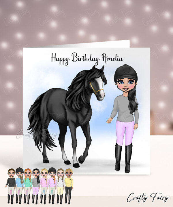Personalised Horse Rider Girl in Longsleeve Tee Birthday Card