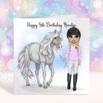 personalised horse rider girl in longsleeve top birthday card