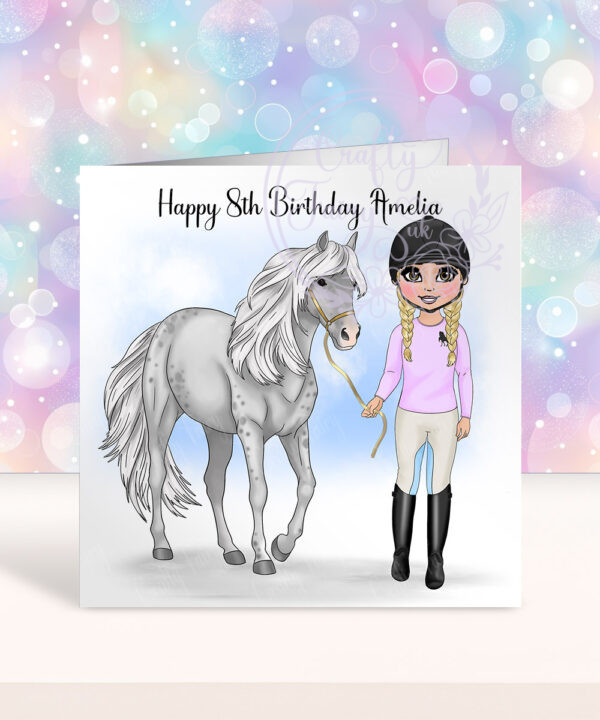 personalised horse rider girl in longsleeve top birthday card