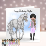 Personalised Horse Rider Girl in Fur Gillet Birthday Card