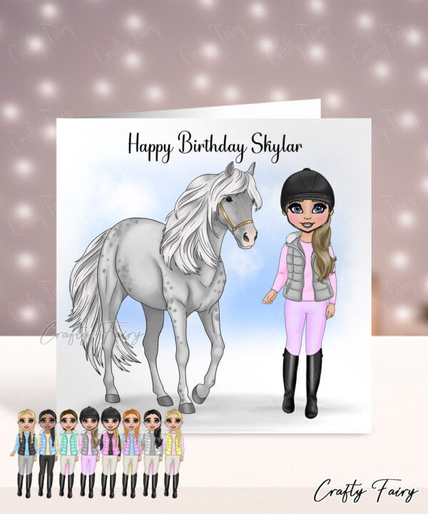 Personalised Horse Rider Girl in Fur Gillet Birthday Card