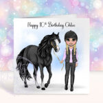 personalised horse rider girl in fur gillet birthday card