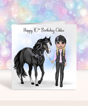 personalised horse rider girl in fur gillet birthday card