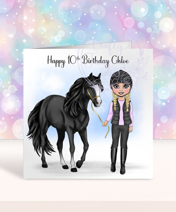 personalised horse rider girl in fur gillet birthday card