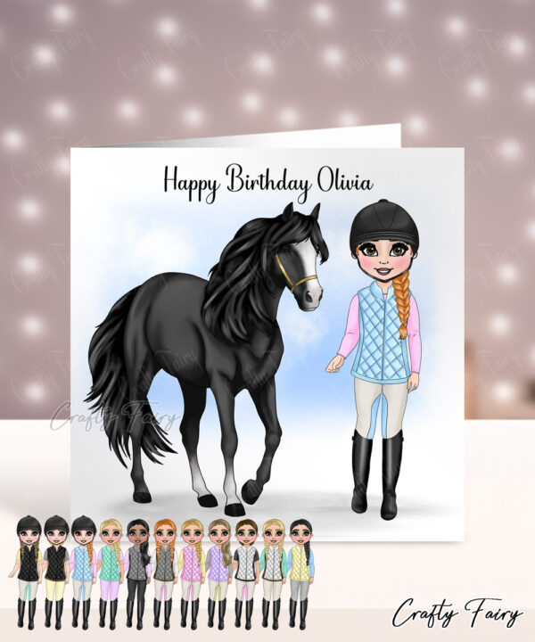 Personalised Horse Rider Girl in Gillet Birthday Card