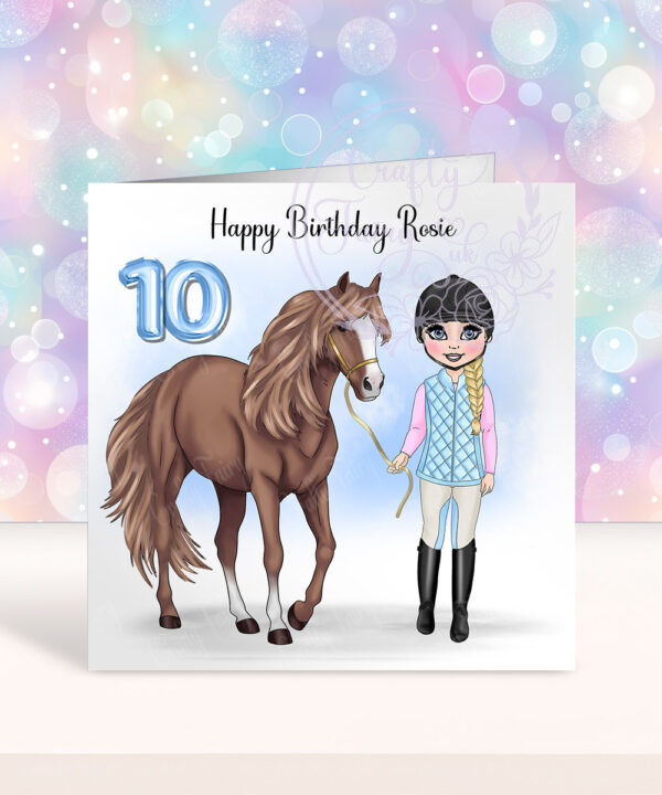 personalised horse rider girl in gillet birthday card