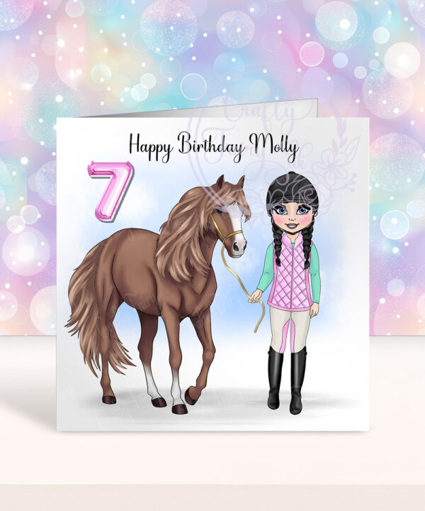 personalised horse rider girl in gillet birthday card