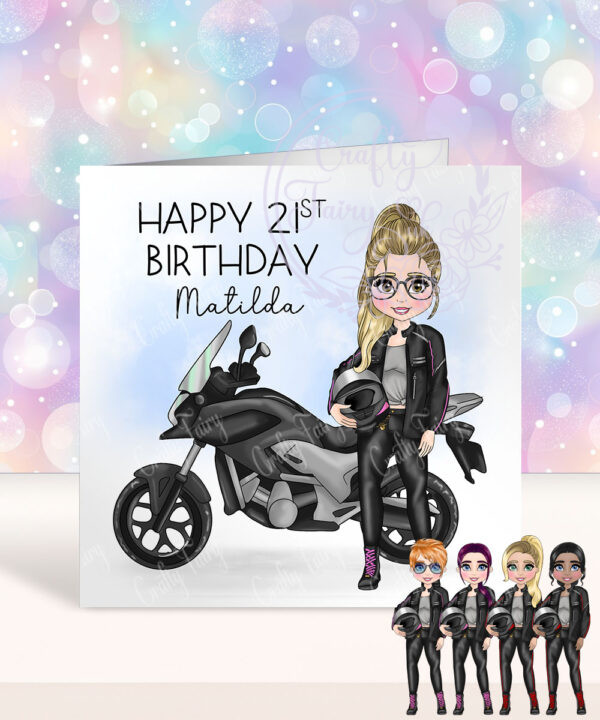 personalised motorbike biker girl birthday card