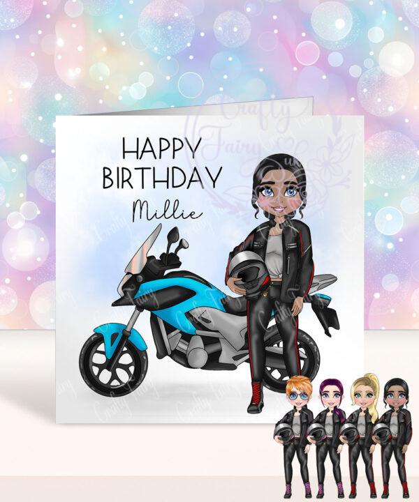 personalised motorbike biker girl birthday card