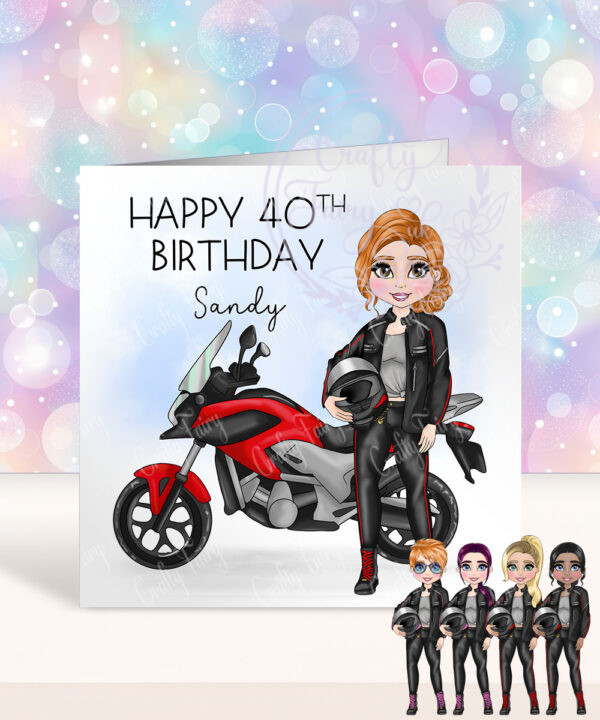 personalised motorbike biker girl birthday card
