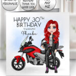 personalised motorbike biker girl birthday or well done card