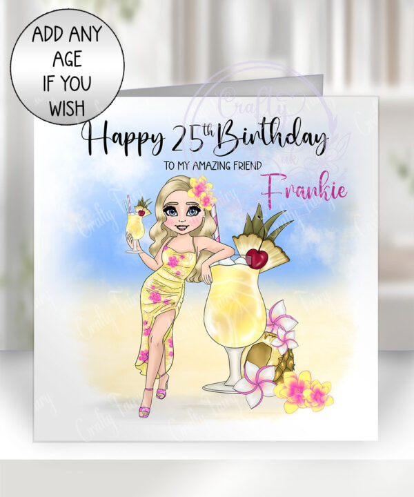 personalised pina colada cocktail tropical lady birthday card
