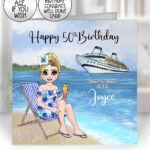 personalised beach lady with cocktail birthday card