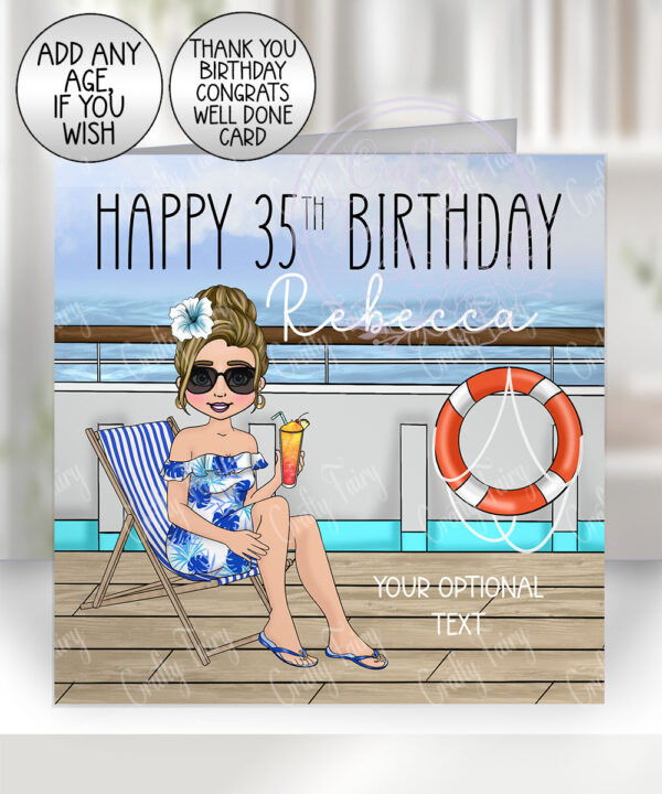 personalised cruise ship sitting lady with cocktail birthday card