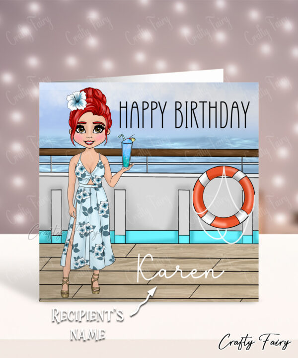 Personalised Cruise Ship Lady with Cocktail Birthday Card