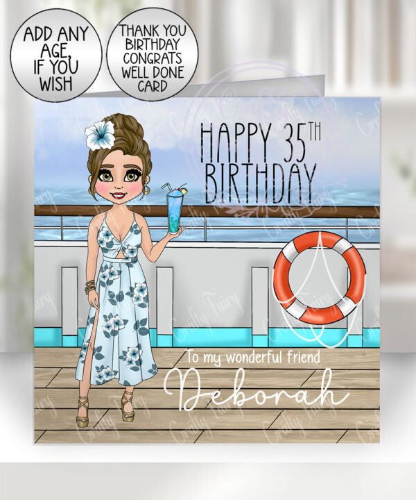 personalised cruise ship lady with cocktail birthday card