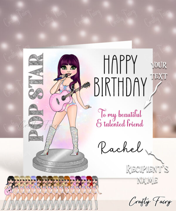 Personalised Popstar Girl with Pink Guitar Happy Birthday Card