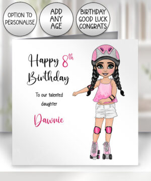 personalised rollerskater girl birthday card